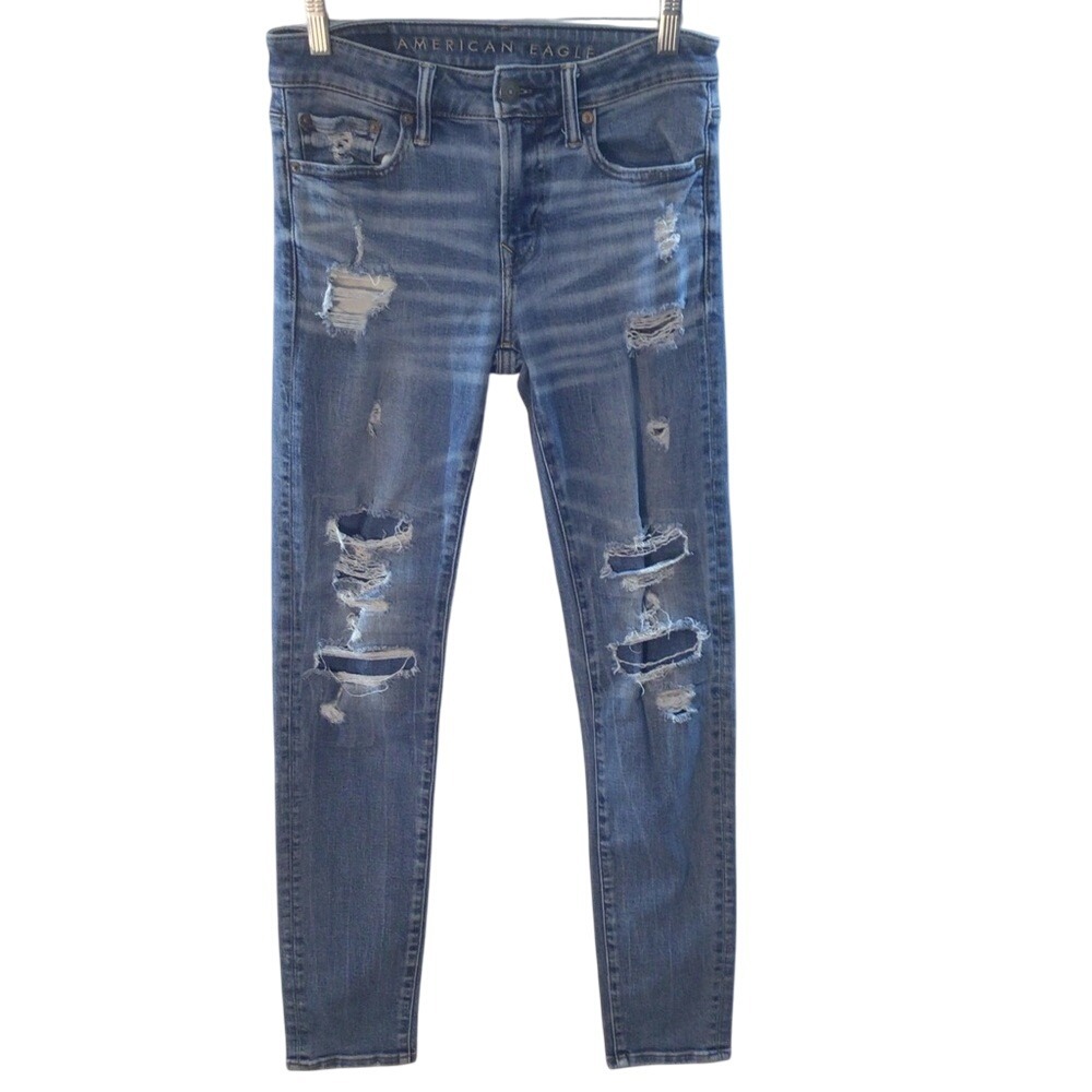 SALE‎ Mens American Eagle AirFlex Temp Tech Blue Distressed Skinny Jeans 30x34